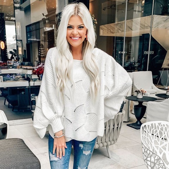 Boho Knit Sweater Scalloped Crochet Dark Green - Picture 2 of 11